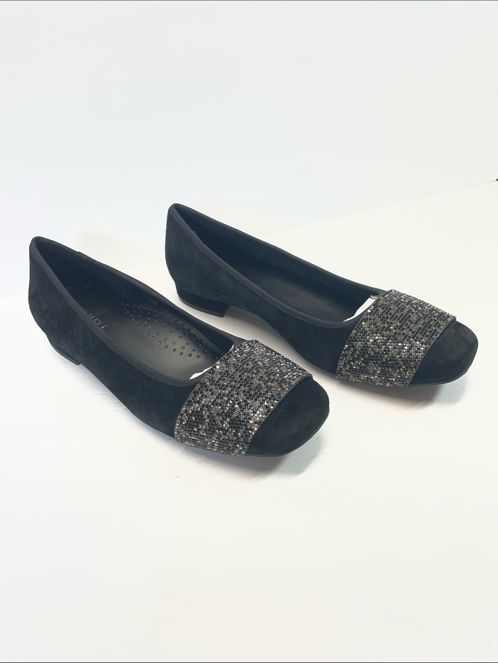 Van Eli Black Suede Flats with Sparkle Cap Toe